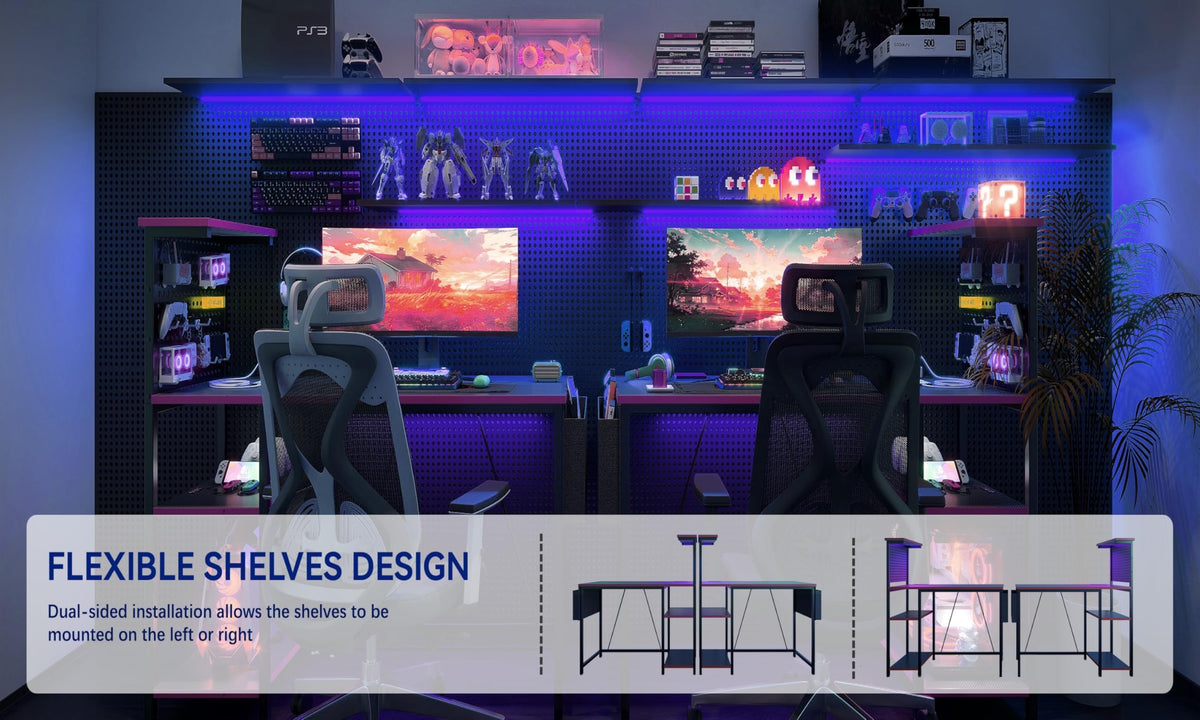 Xyphren Gaming Desk with Pegboard & Power Outlet & LED Light, Small Computer Desk with Reversible Shelves for Corner Home Office Desk, 120 * 50cm