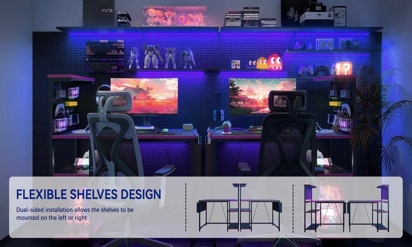 Xyphren Gaming Desk with Pegboard & Power Outlet & LED Light, Small Computer Desk with Reversible Shelves for Corner Home Office Desk, 140 * 50cm