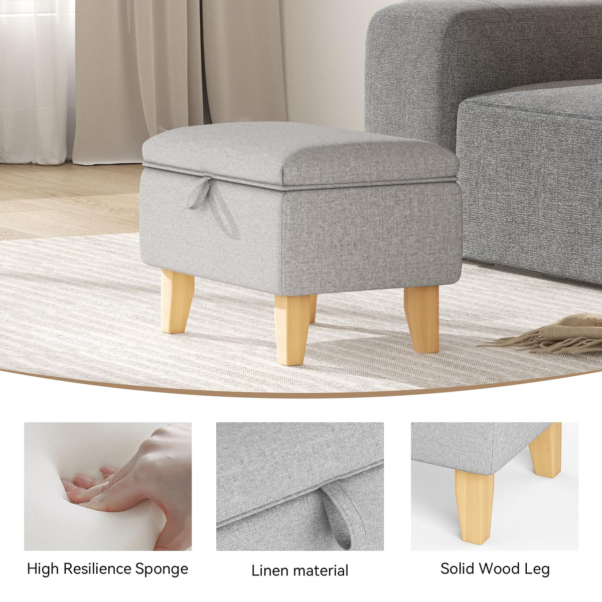 INMOZATA Linen Storage Footstool Upholstered Ottoman Footstool with Storage Pouffe Stool Change Shoe Footrest With Wooden Legs for Living Room