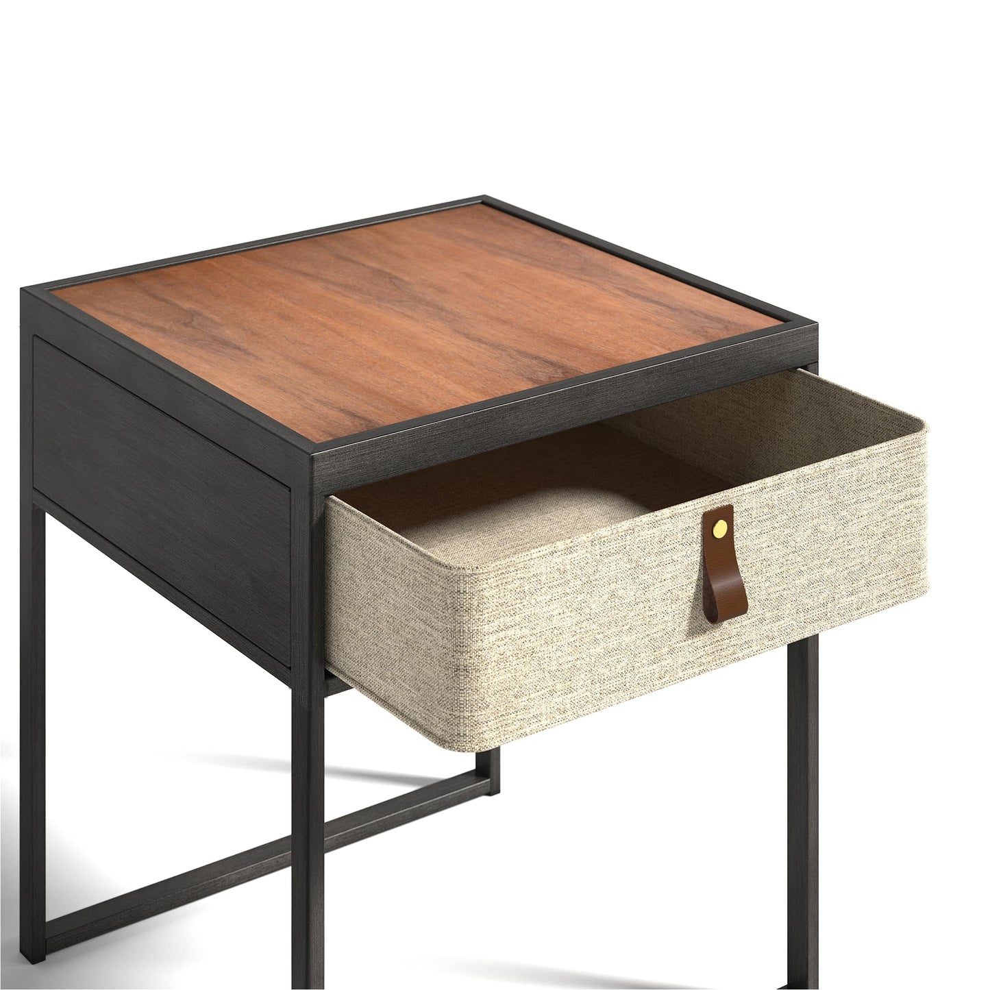 Zinus Ilsang Nightstand 45x43x52 cm - Metal and Wood Side table - Taupe fabric drawer - Brown and Black