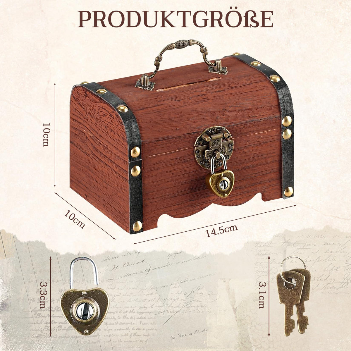 Forbabe Treasure Chest Wooden Brown Small Money Box with Lock 14.5 x 10.5 x 10.3 cm