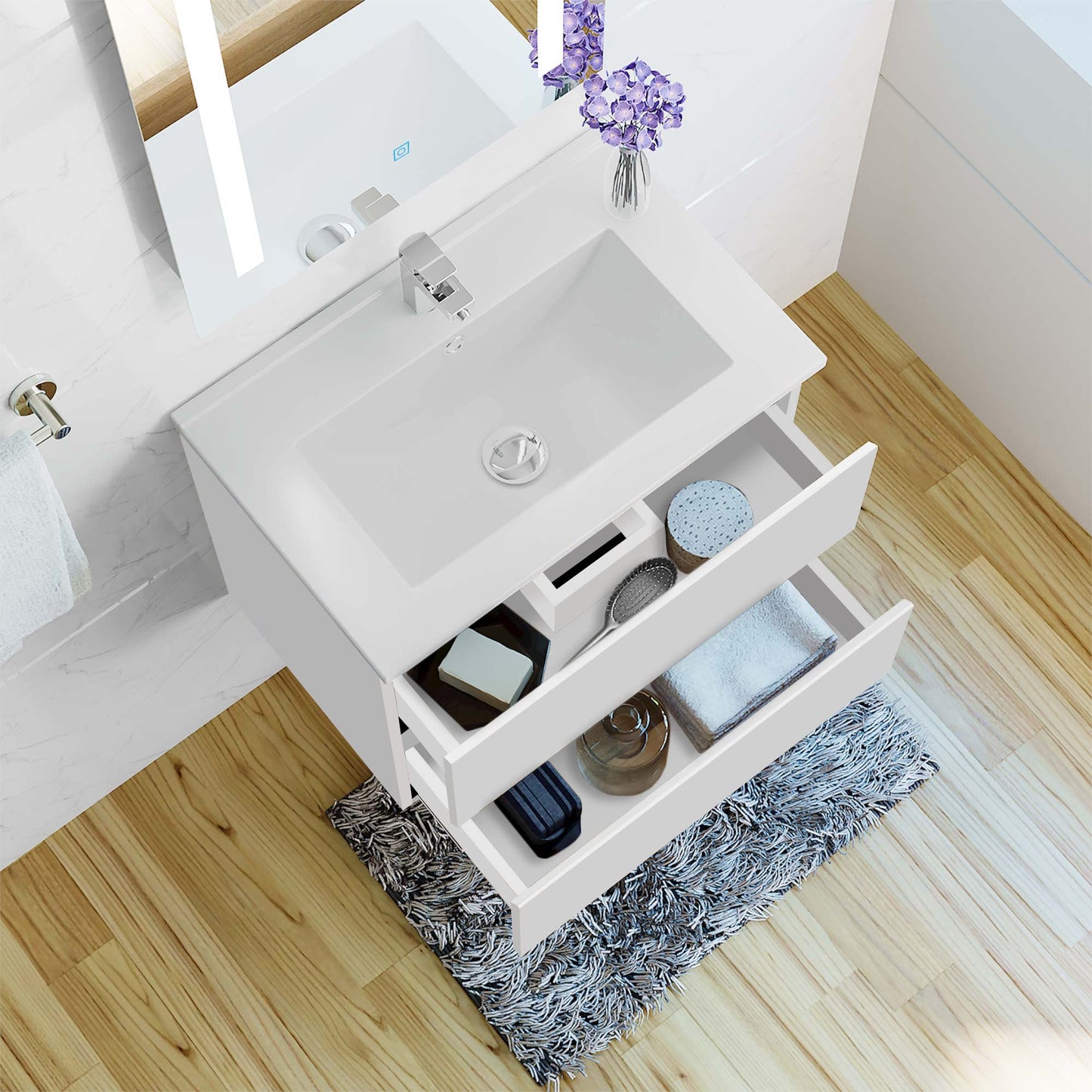 Biubiubath 600mm Bathroom Sink Unit with Basin Matt White 2 Soft Close Drawers Wall Mounted Bathroom Suite with Vanity Unit