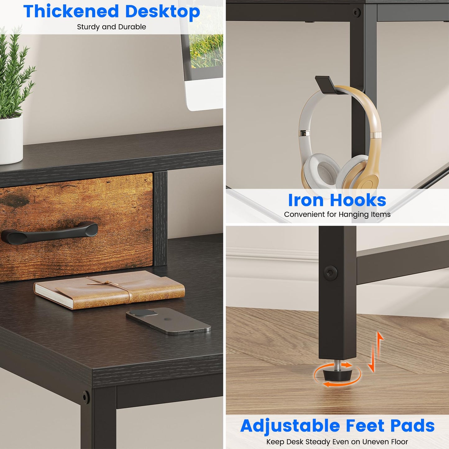 Feonase Industrial-Style Computer Desk with Elevated Monitor Riser & Dual Drawers – 100cm Wide MDF Desktop for Home Office
