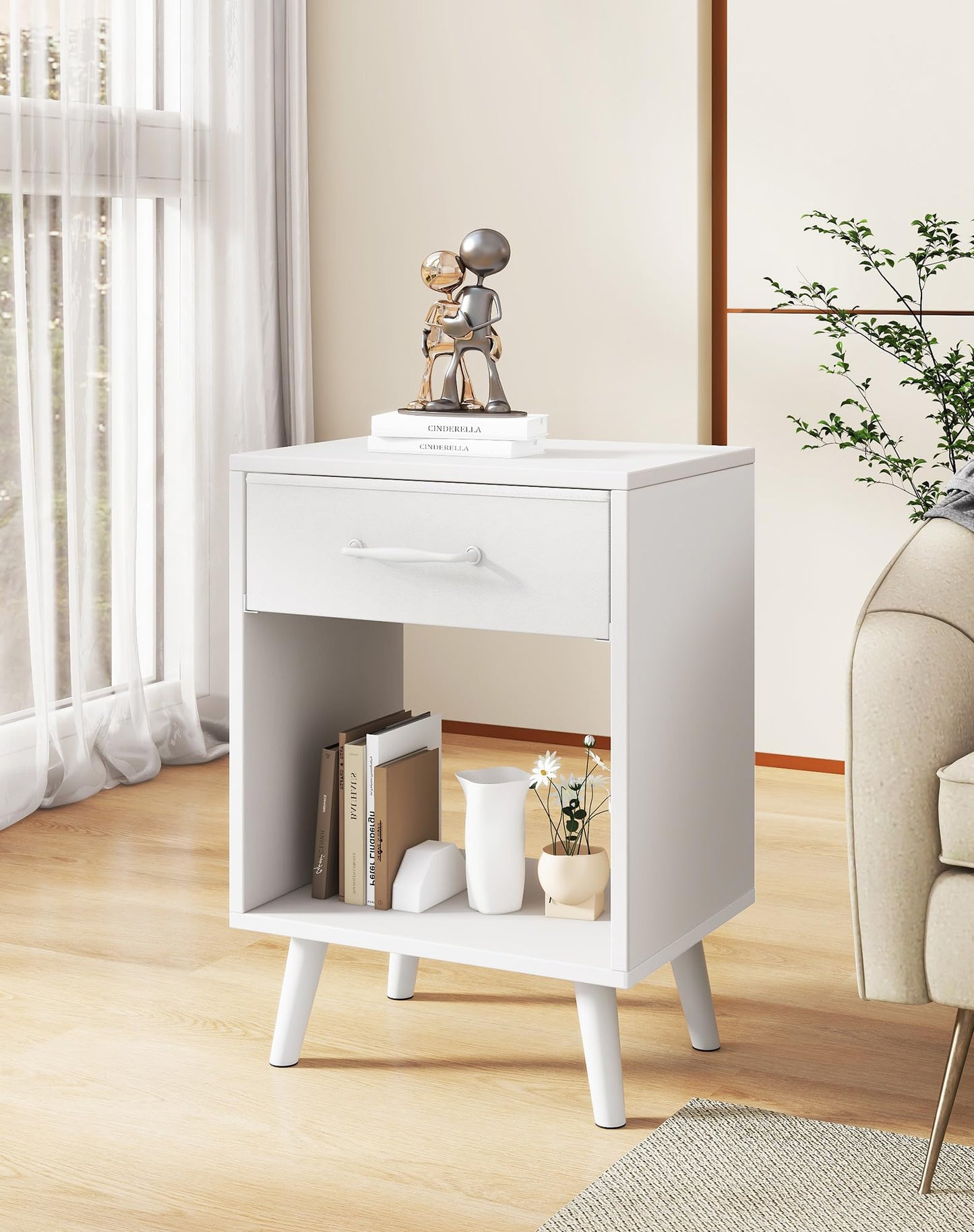 YMYNY Nightstand Set of 2, Bedside Table, Side Table with Fabric Drawer, Handle and Open Compartment, Solid Wood Legs