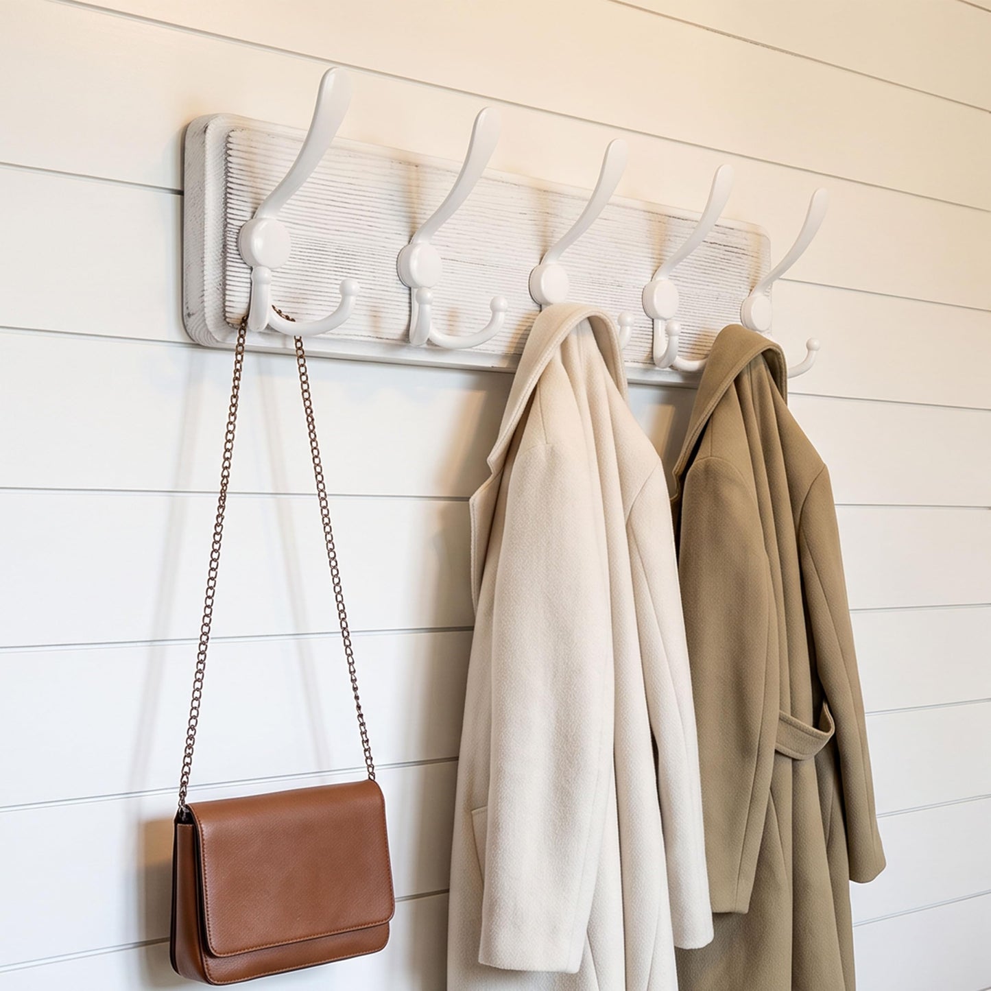 WEBI Coat Rack Wall Mounted,Wood Coat Hooks Wall Mount,16" Hole to Hole,Coat Hanger Wall Hook Rack Rail,5 Triple Hooks for Hanging