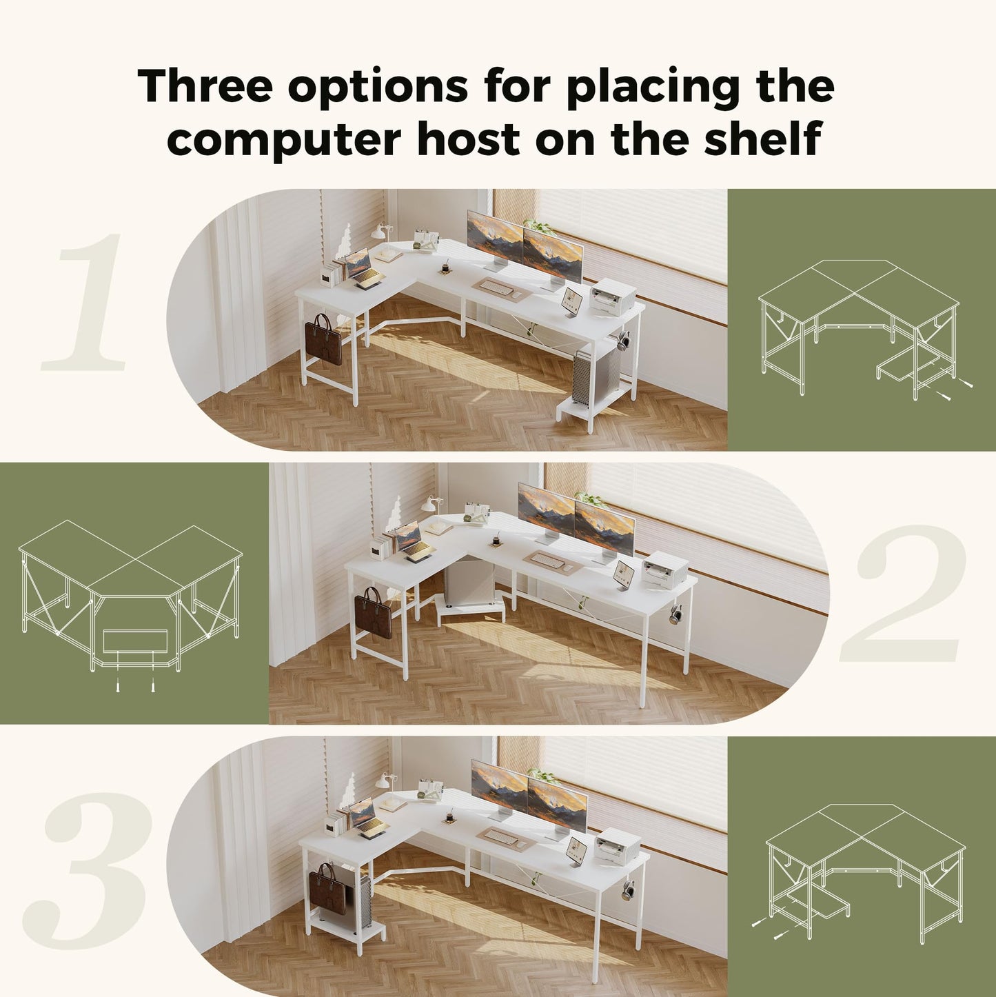 Mericonia L Shaped Desk, Diamond Design for Socket, 135x110cm, White