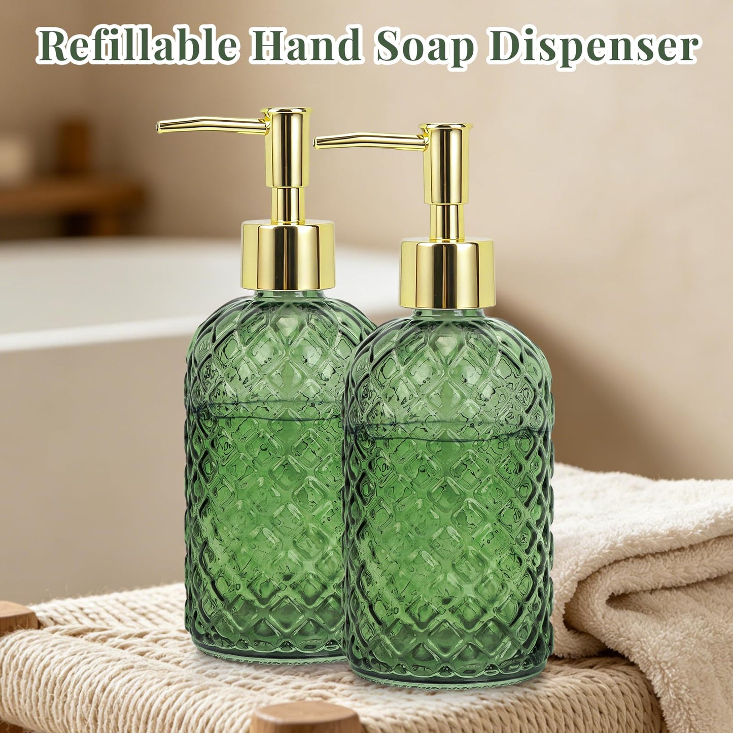 Soap Dispenser - 2 Pack, Clear Glass Refillable Hand Soap Dispensers, Hand and Dish Soap Dispenser, Soap Bottles with Gold Pump