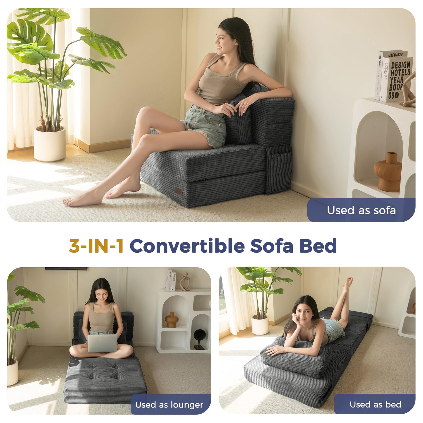 MAXYOYO Folding Foam Sofa Bed, Tri-Fold Mattress with 1 Pillow, Convertible Sofa Chair Futon Z Bed with 15cm Thincken Foam