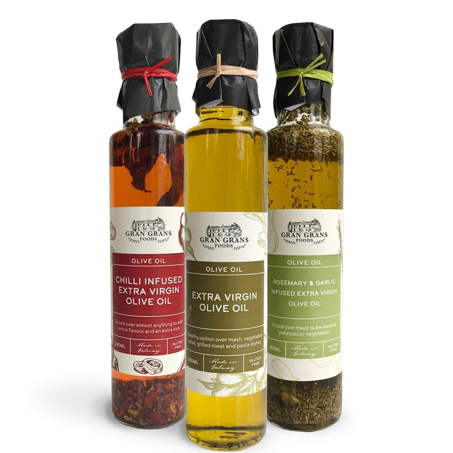 Gran Grans Olive Oil Variety Pack - 1 x Classic Extra Virgin, 1 x Double Chilli Oil, 1 x Rosemary & Garlic Oil - A Perfect Italian Gift Bundle - Small