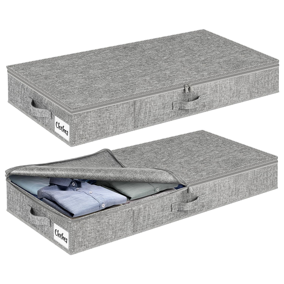 Underbed Storage Box with Lid, 12 cm High, Pack of 2, Foldable Underbed Storage, Washable Clothes Storage & Organisation, 3 Handles, Zip Lid