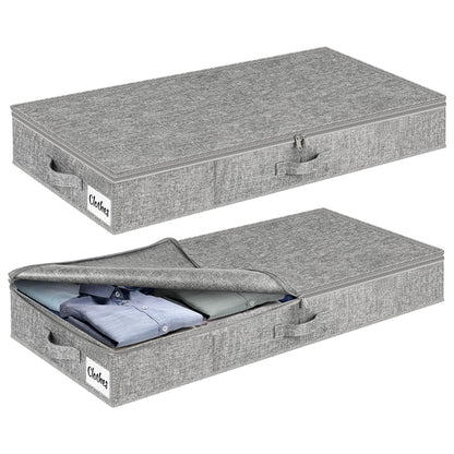 Underbed Storage Box with Lid, 12 cm High, Pack of 2, Foldable Underbed Storage, Washable Clothes Storage & Organisation, 3 Handles, Zip Lid