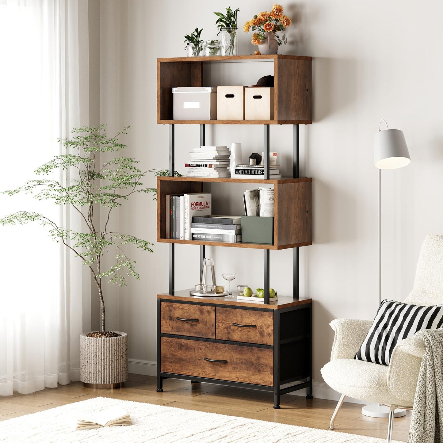Coleshome 5-Shelf Bookcase With 3 Fabric Drawers, 60 x 24 x 155cm, Vintage