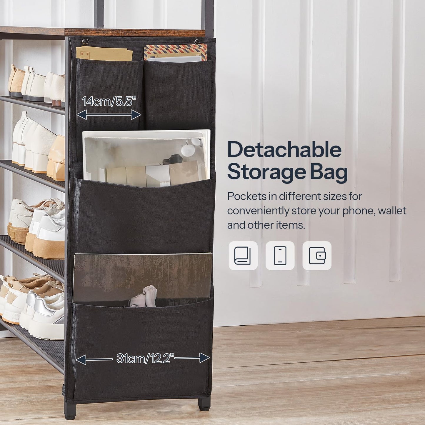HOOBRO Coat Stand, Coat Rack with Shoe Storage, Hall Tree with Tiltable Mesh Shelves, 4 Removable Hooks, Side Storage Pocket