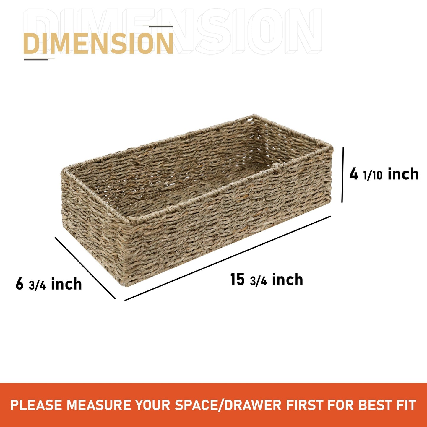 HOMESTEAD Seagrass Storage Baskets, Long Narrow Rectangular Wicker Baskets for Bedroom, Living Room, Bathroom, Shelves - Set of 2