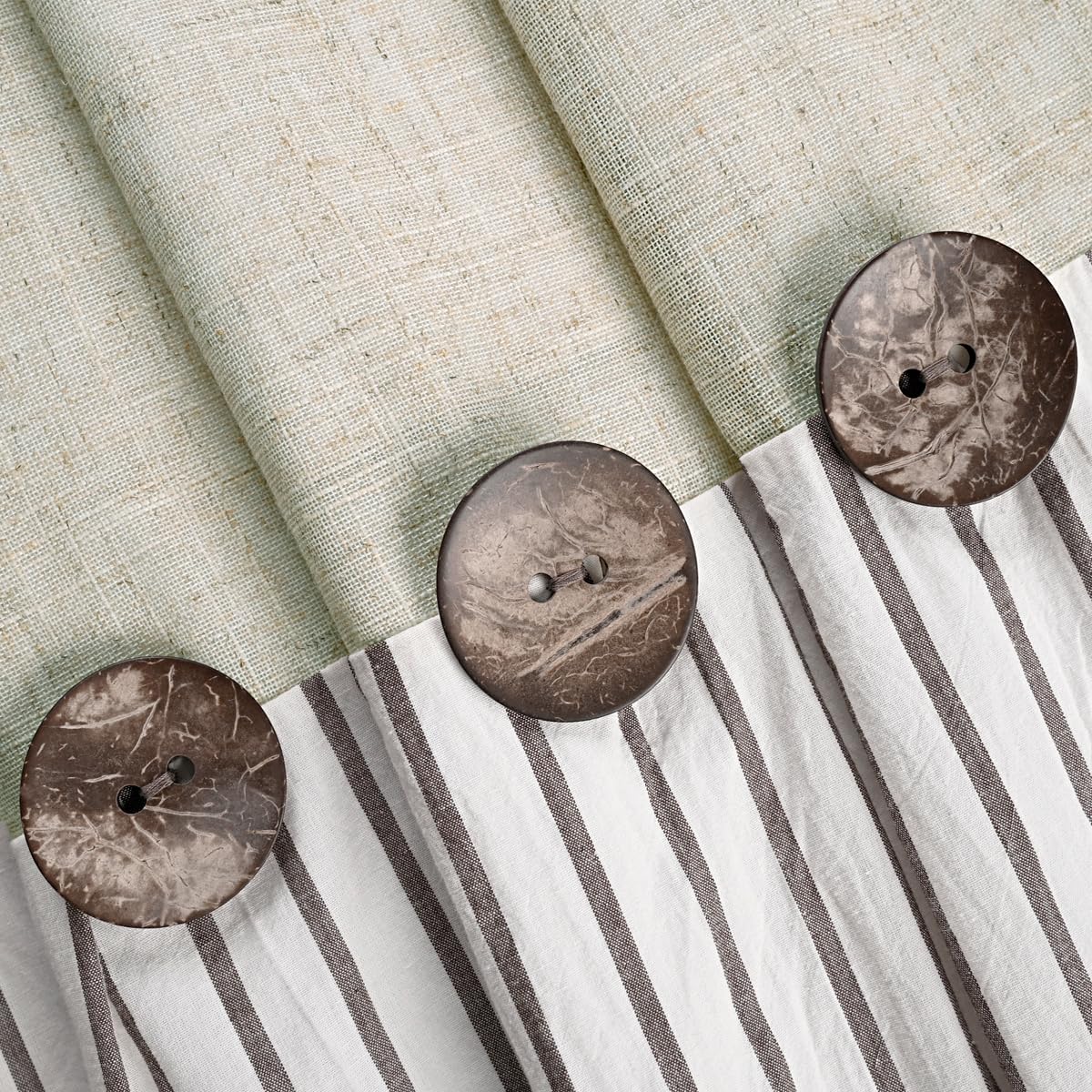 DOSLY IDÉES Farmhouse Shower Curtain,Beige and Brown Stripe,Button Curtain,Linen and Cotton Woven Fabric,Rustic Charm Country Chic Style,72x72 in