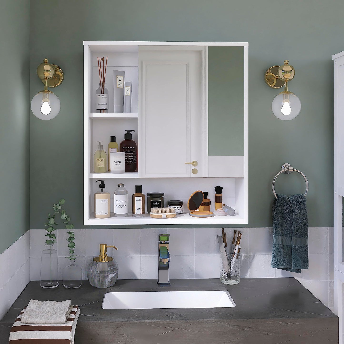 SMIBUY Bathroom Mirror Cabinet Wall Mounted, Bamboo Space Saver Medicine Cabinet, Wall Hanging Over Toilet Storage Cabinet with Mirror Door and