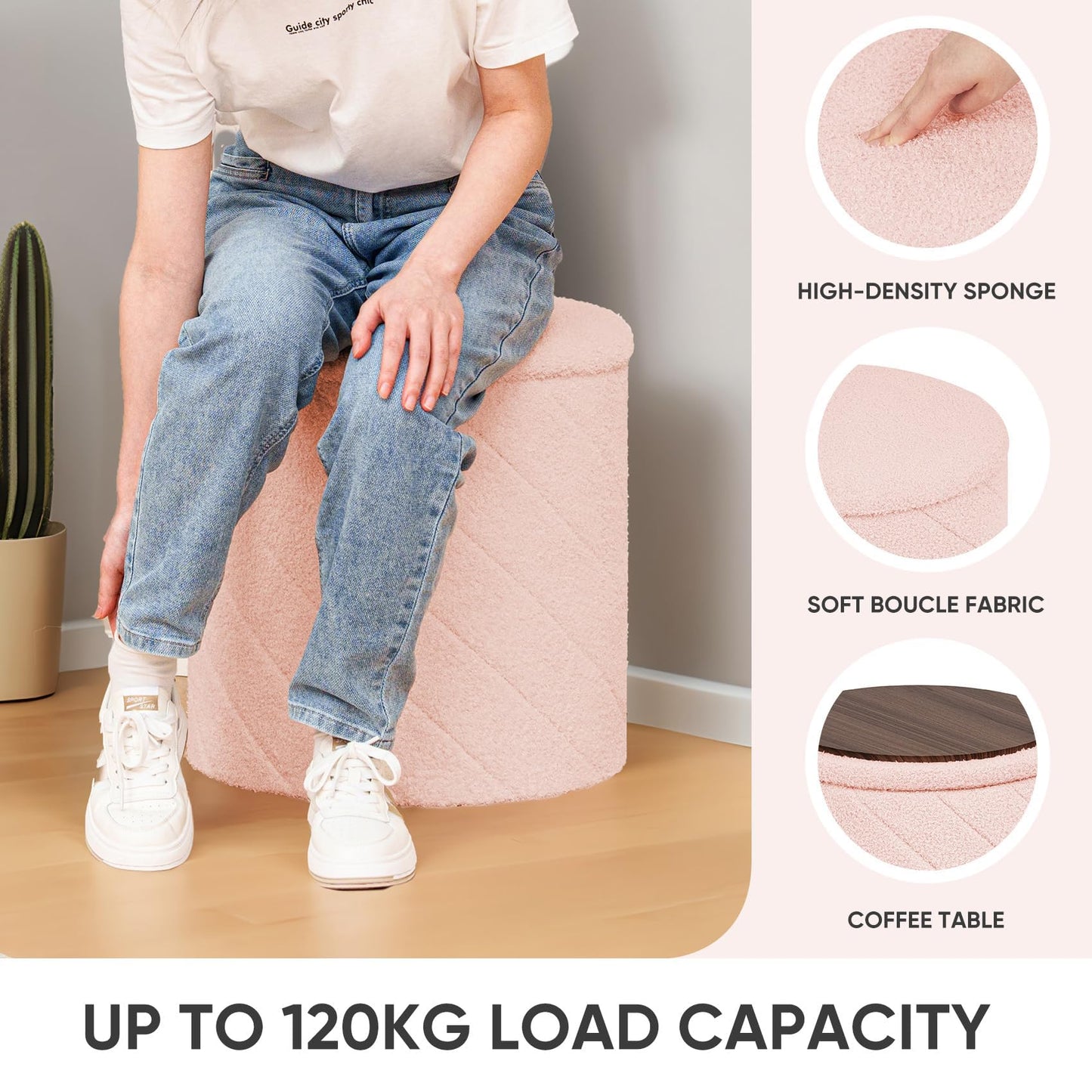 Bonlife Round Ottoman Stool with Storage, Folding Footstool with Lid,Boucle Vanity Stool for Living Room,Bedroom,Entryway,Pink,43x43x45cm