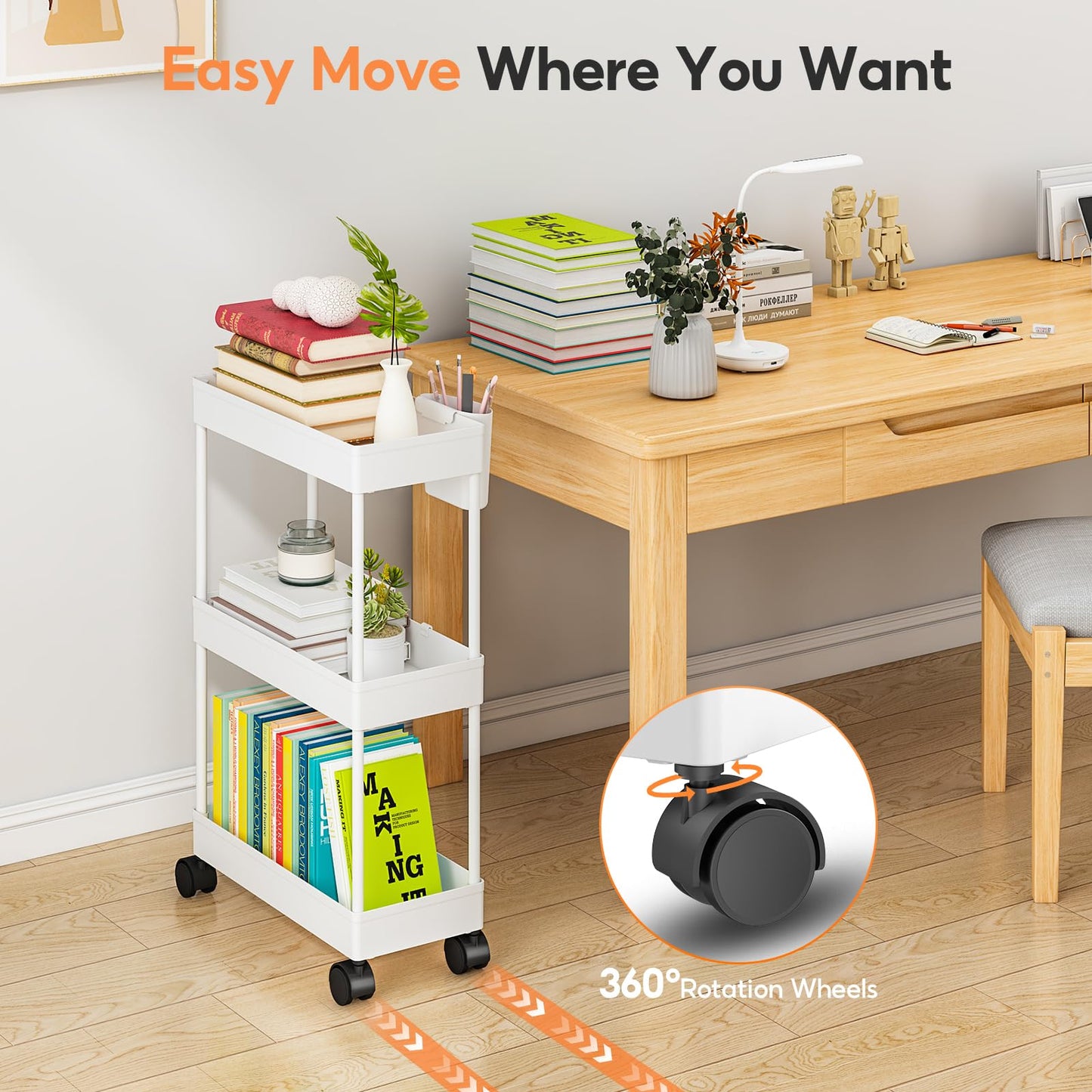 Shrivee Kitchen Cart with 3 Tiers, 2 Pack Narrow Bathroom Cart with Wheels, Plastic Basket and Metal Tube for Small Space Storage, Bathroom, Laundry