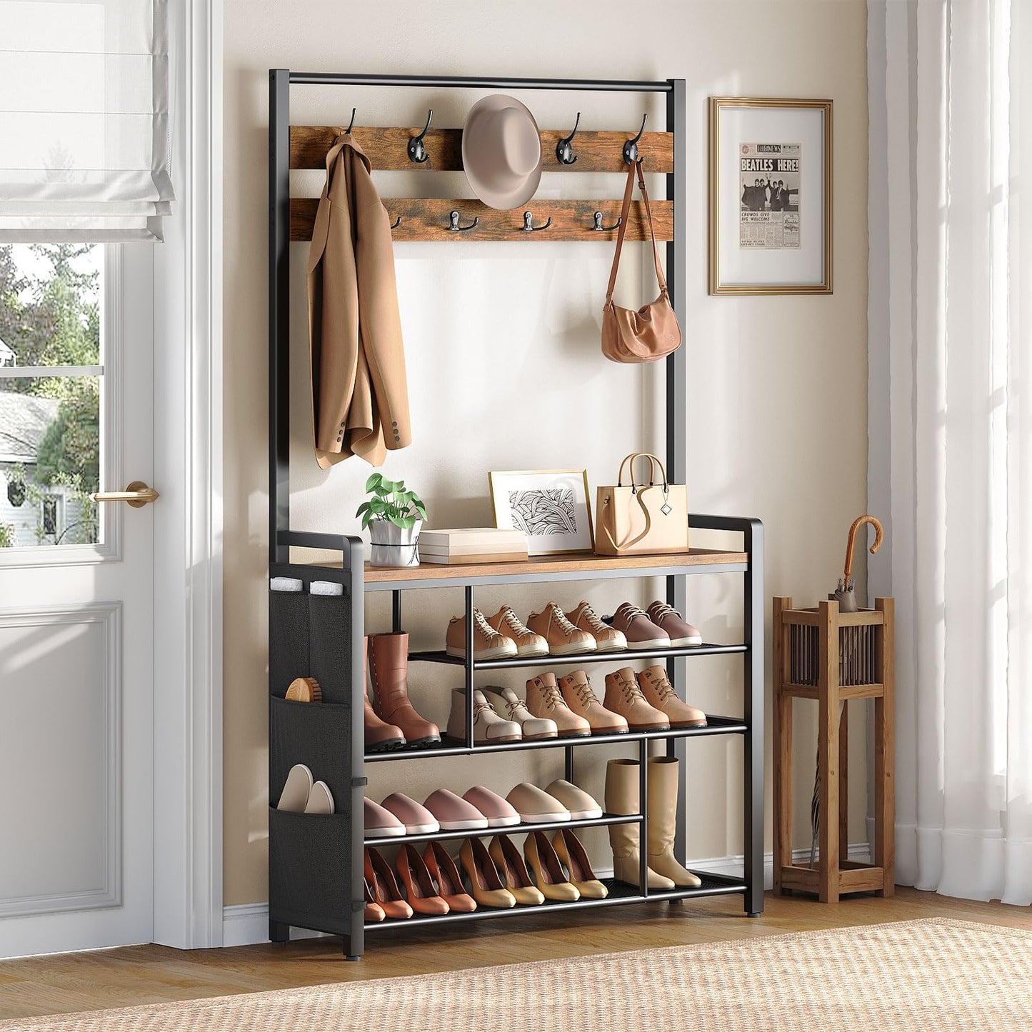 HOOBRO Coat Rack with Shoe Storage, 5 Tier Shoe Rack with Coat Rack, Shoe Storage Organizer with 9 Coat Hooks and 3 Oxford Fabric Side Pockets