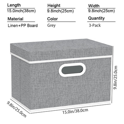 Yawinhe Collapsible Storage Box 3 Pack, Fabric Clothing Shelf Basket with Lid, for Organizing Home, 38x25x25cm, Grey, SNK023GL-3