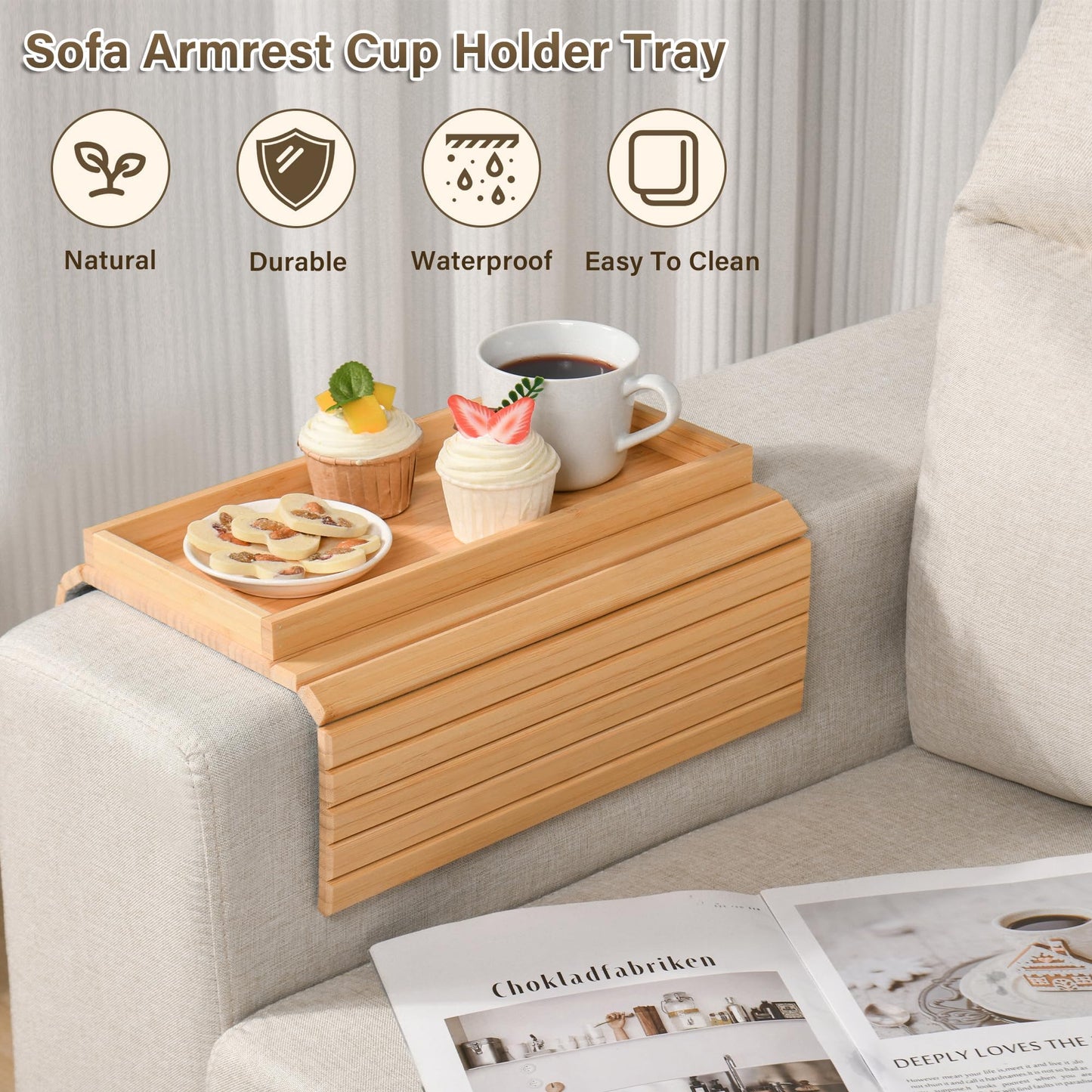 WGNIVOROUS Natural Bamboo Sofa Arm Tray, Armchair Tray, Adjustable Sofa Support, Sofa Side Table for Remote Control, Drink, Snacks, Magazine