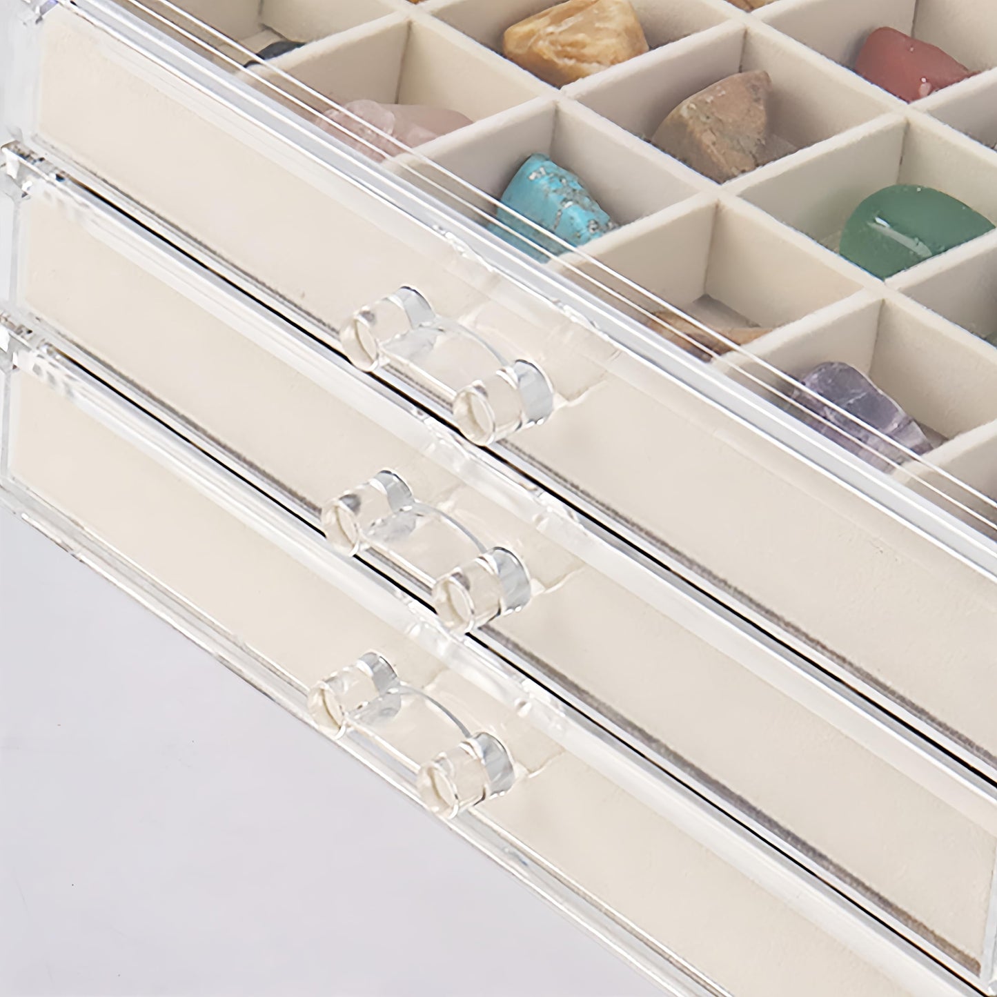 Dmnnlp Rock Display Case, 3 Drawers 54 Grids Rock Collection Box, Storage Cases for Gemstone Fossil Crystal Stone Jewellery (Beige)