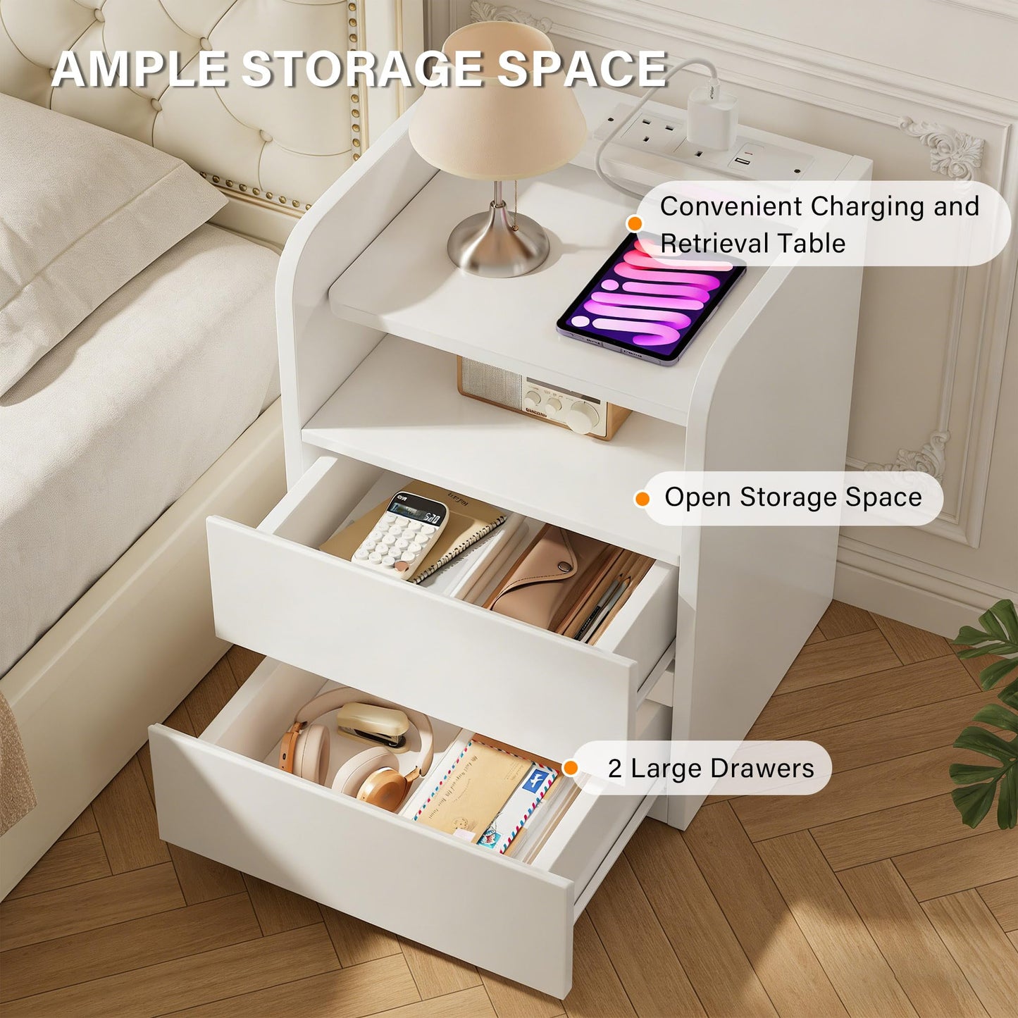 Feonase Bedside Table with Charging Station, 2-Drawer Nightstand with Outlets & USB Ports, Modern Side Table for Bedroom or Living Room, White