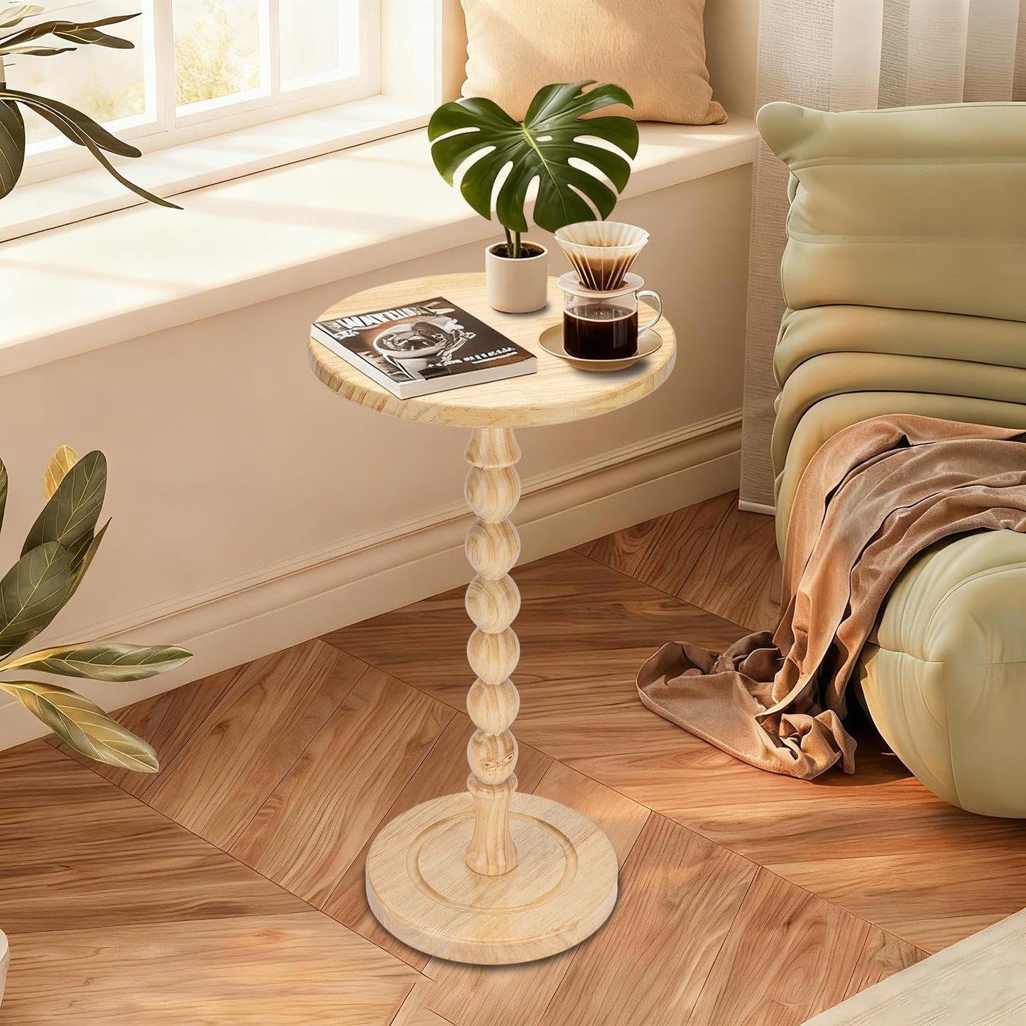 Lampaggio Round Side Table for Small Spaces, Drink Table with Oak Wood Pedestal, Modern End Table Nightstand for Living Room, Bedroom, Office