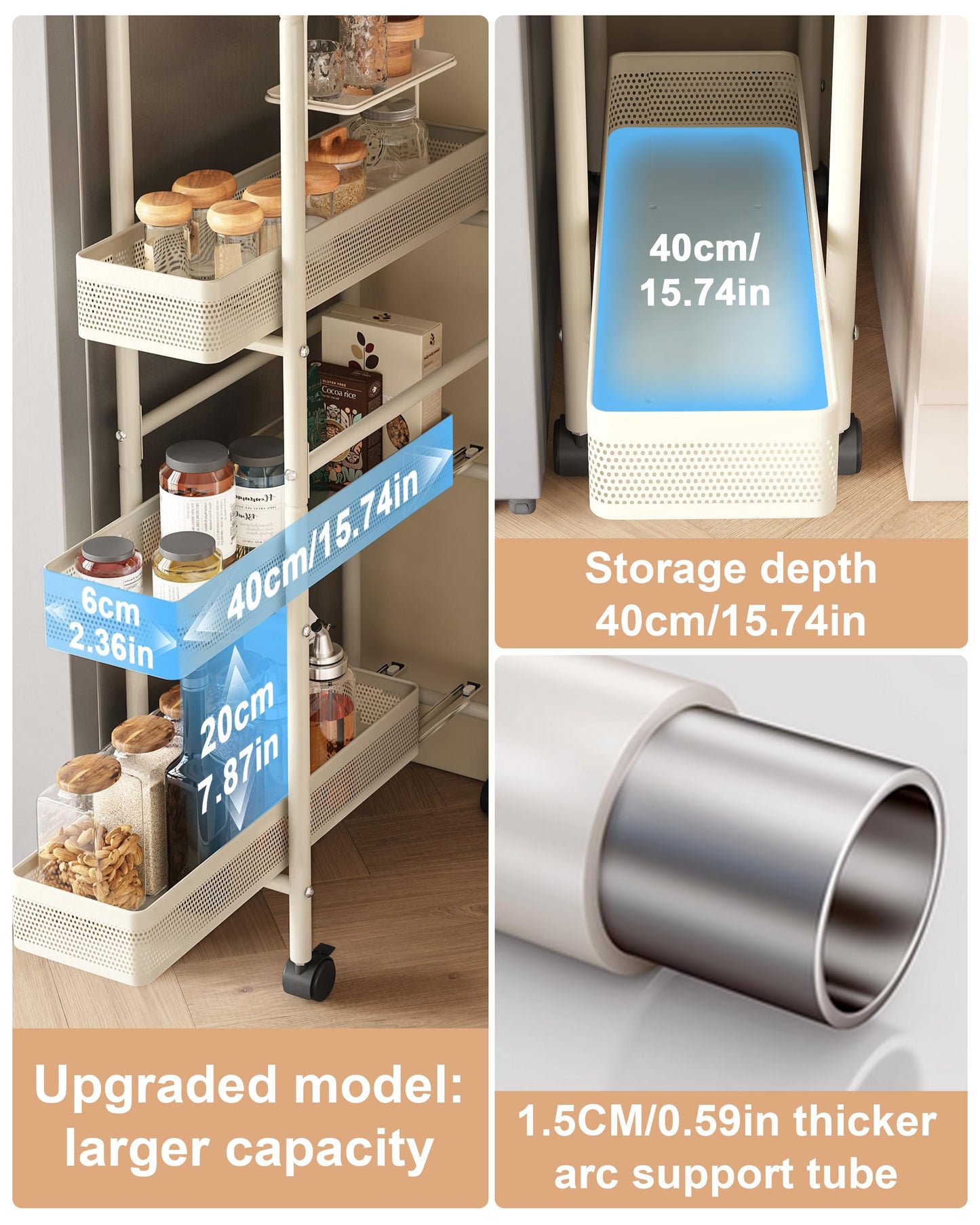 UMDONX Metal Kitchen Storage Trolley with Pull out Basket Narrow 4 Tier