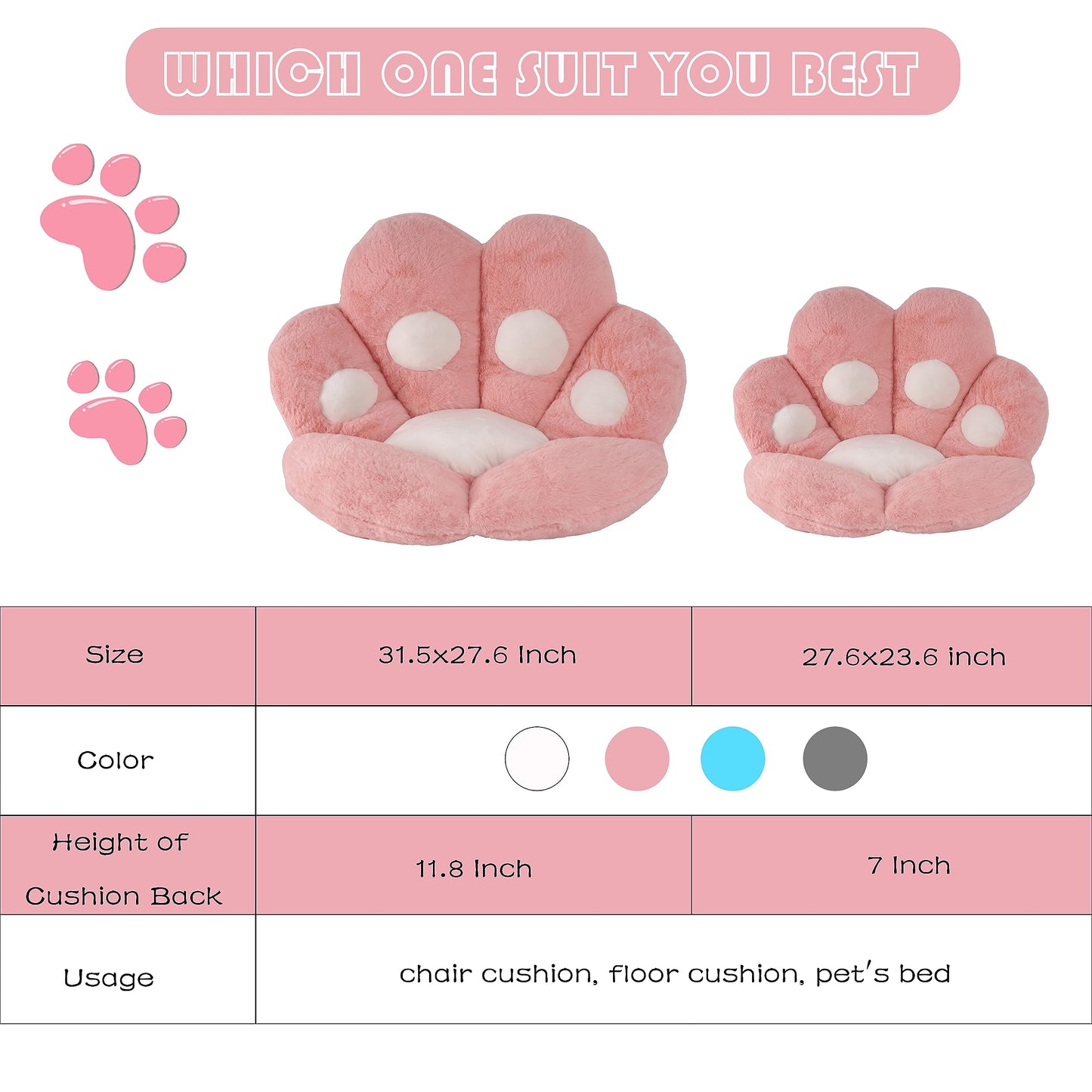 FlyGulls Cat Paw Cushion for Computer Gaming Office Chairs Pink 70x80 cm