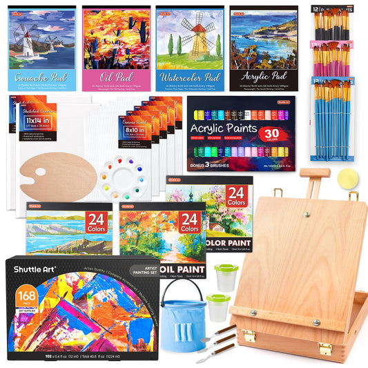 Shuttle Art 168 Pcs Artist Painting Set, Art Set with Stand & Wooden Table Top Easel, Acrylic Paints,Watercolour, Gouache, Oil Paints, Mixed Media Art