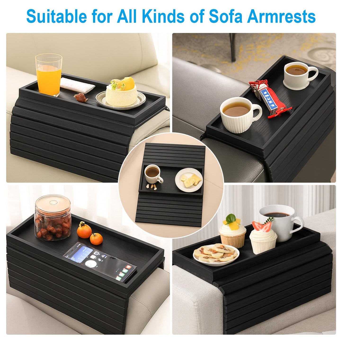 Black Wooden Sofa Arm Tray: Flexible Foldable Couch Armrest Tray