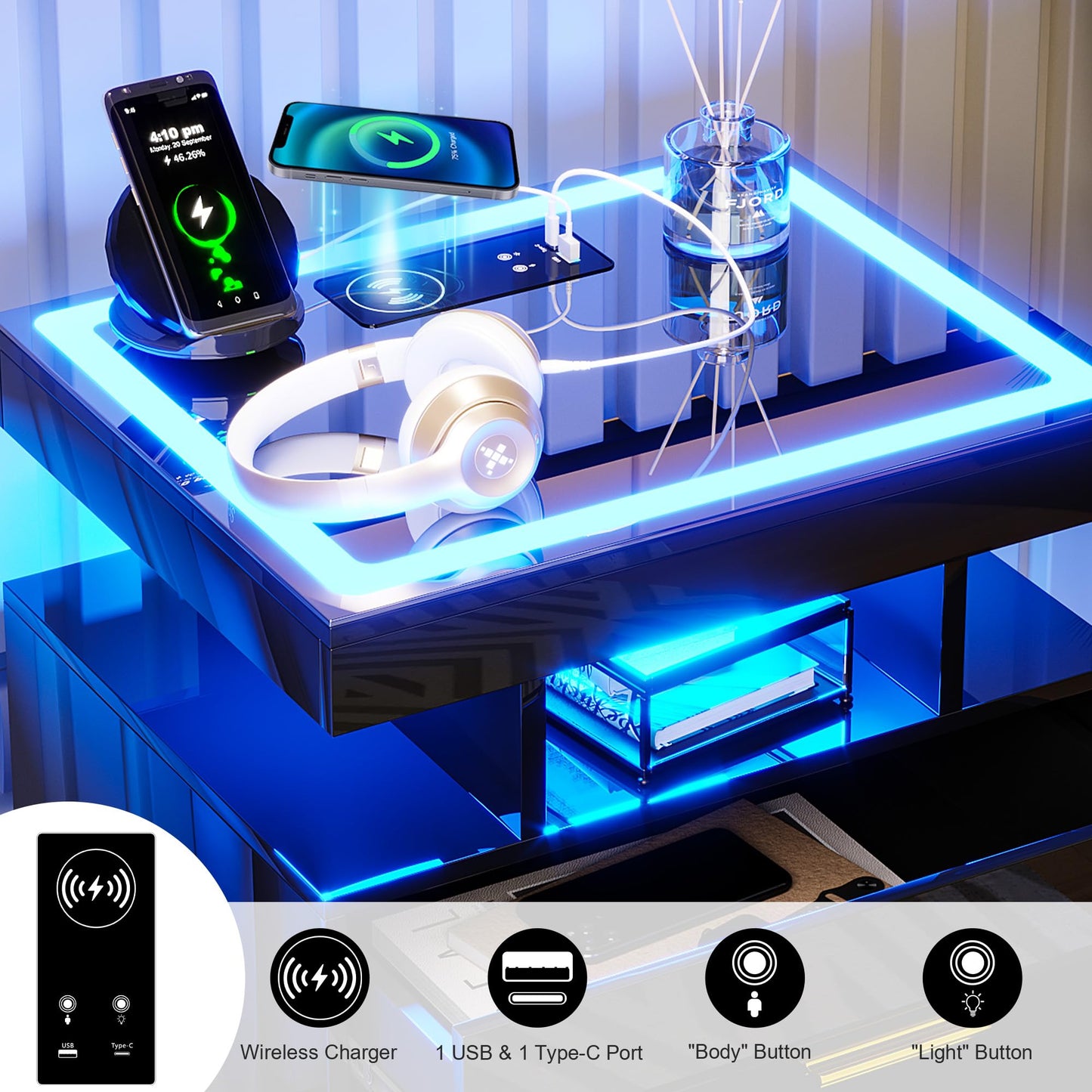 LED Bedside Table with Charging Station & 2 Drawers for Living Room Bedroom