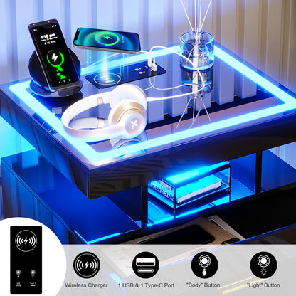 LED Bedside Table with Charging Station & 2 Drawers for Living Room Bedroom