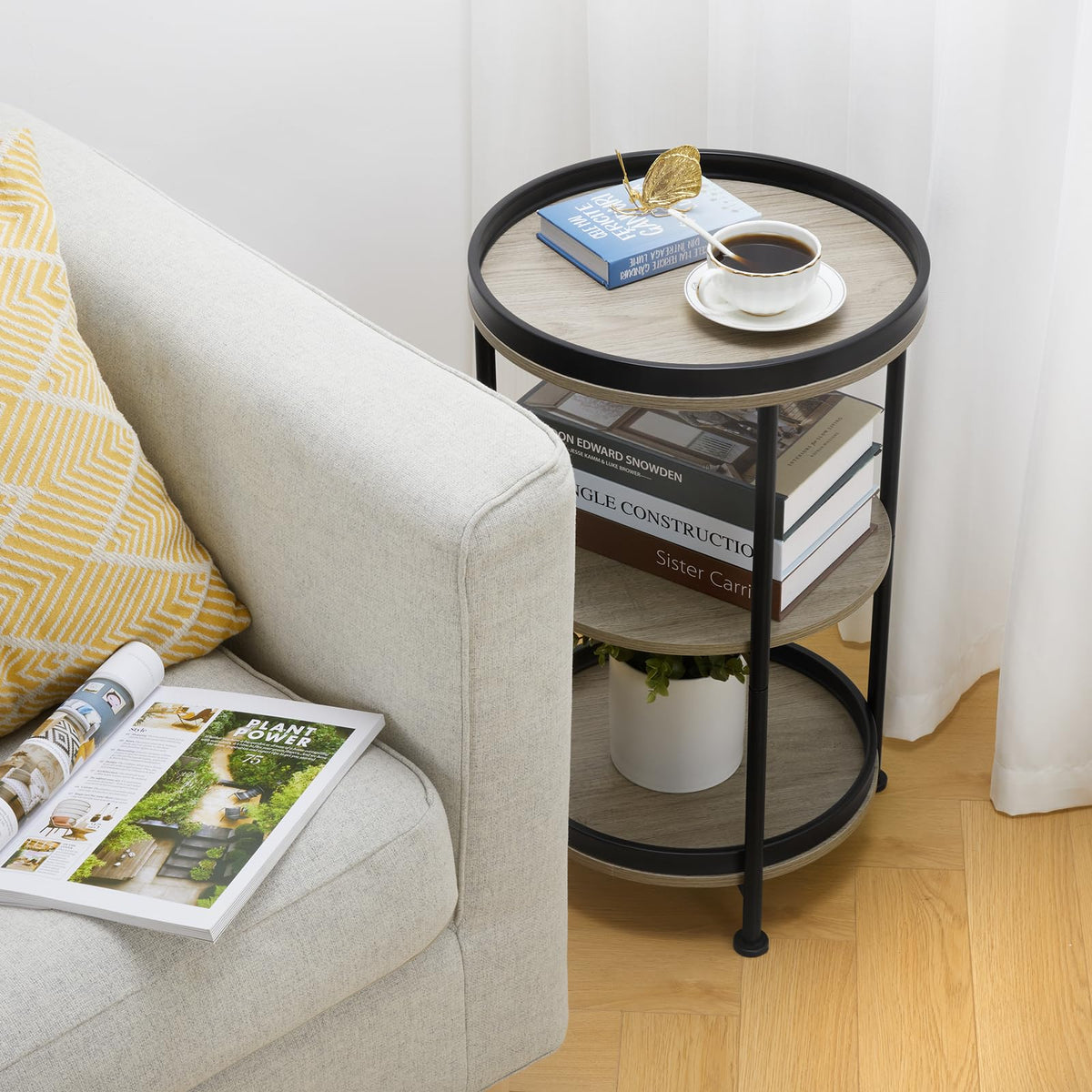 YEAKOO Industrial Nordic End Table, 3-Tier Round Side Table with Storage Shelf Edge Protection Tray