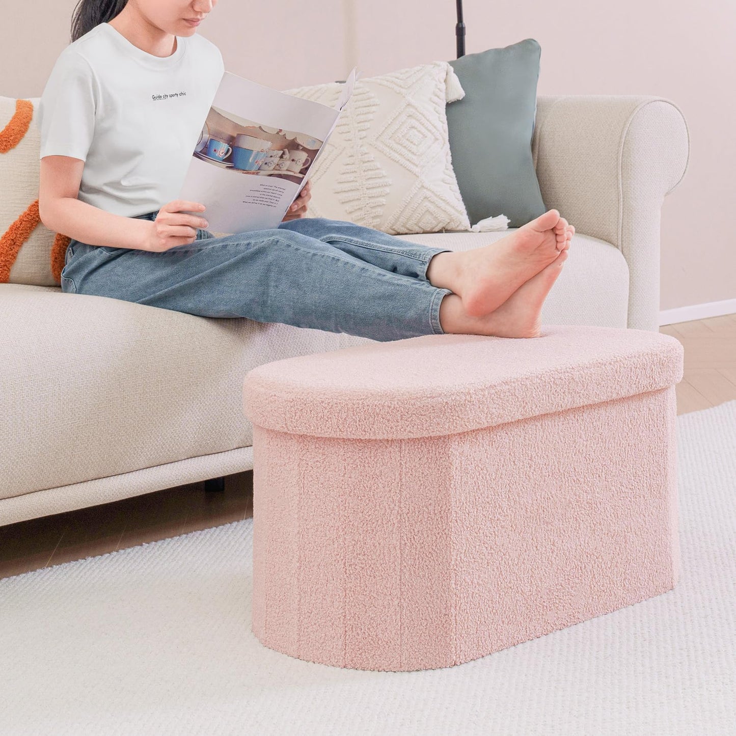 Bonlife Folding Ottoman Storage Bench,Boucle Footstool Oval, End of Bed Stool, Ideal for Living Room, Bedroom,76x38x38cm,Pink