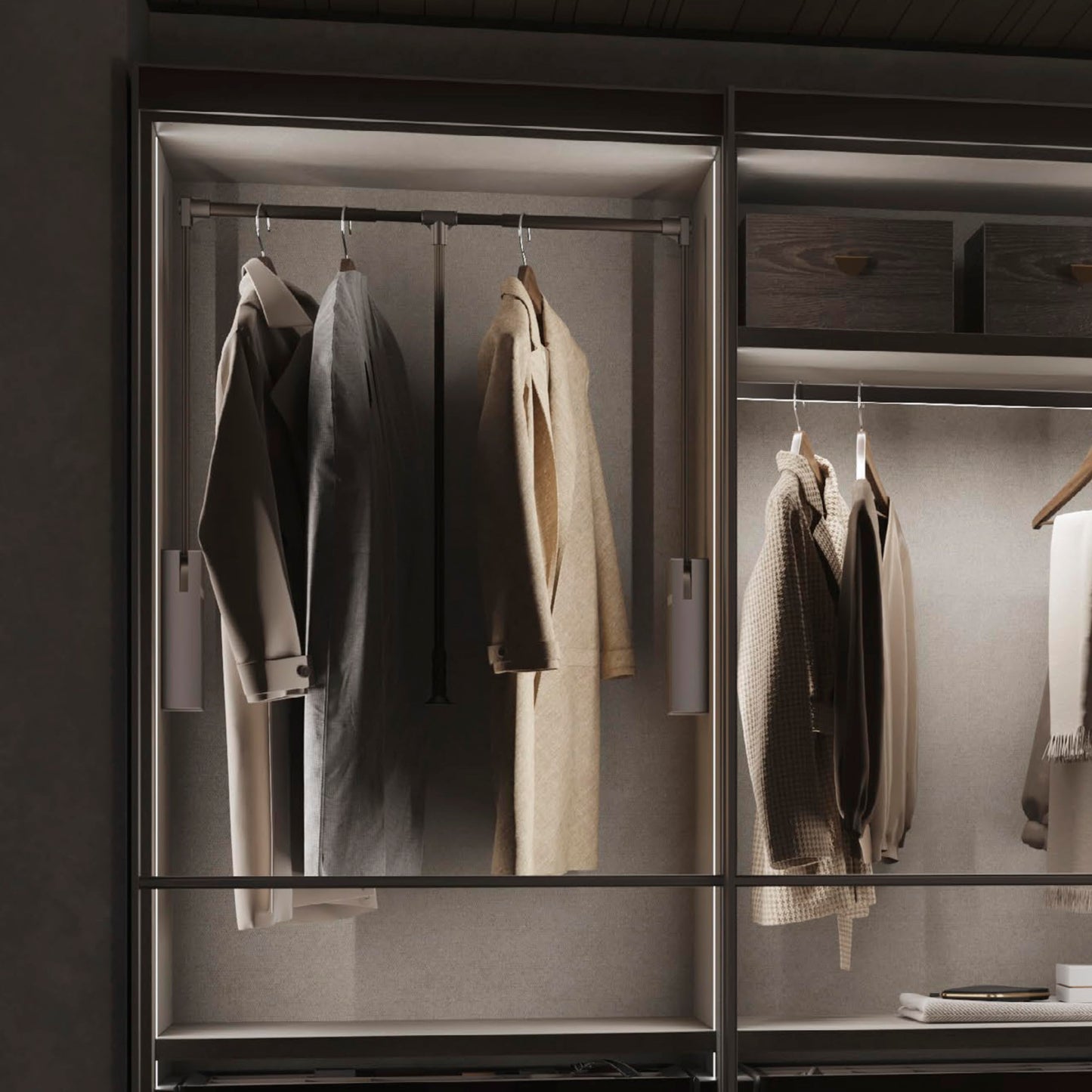 Emuca - Sway pull-down wardrobe rail lift, 450-600mm, Steel, Aluminium and Plastic, Titanium painted