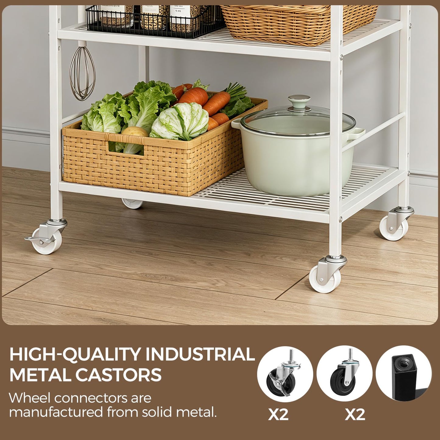 3-Tier kitchen trolley,Oak Wood Top,60W×40Dcm,4 Hooks, Adjustable Shelves