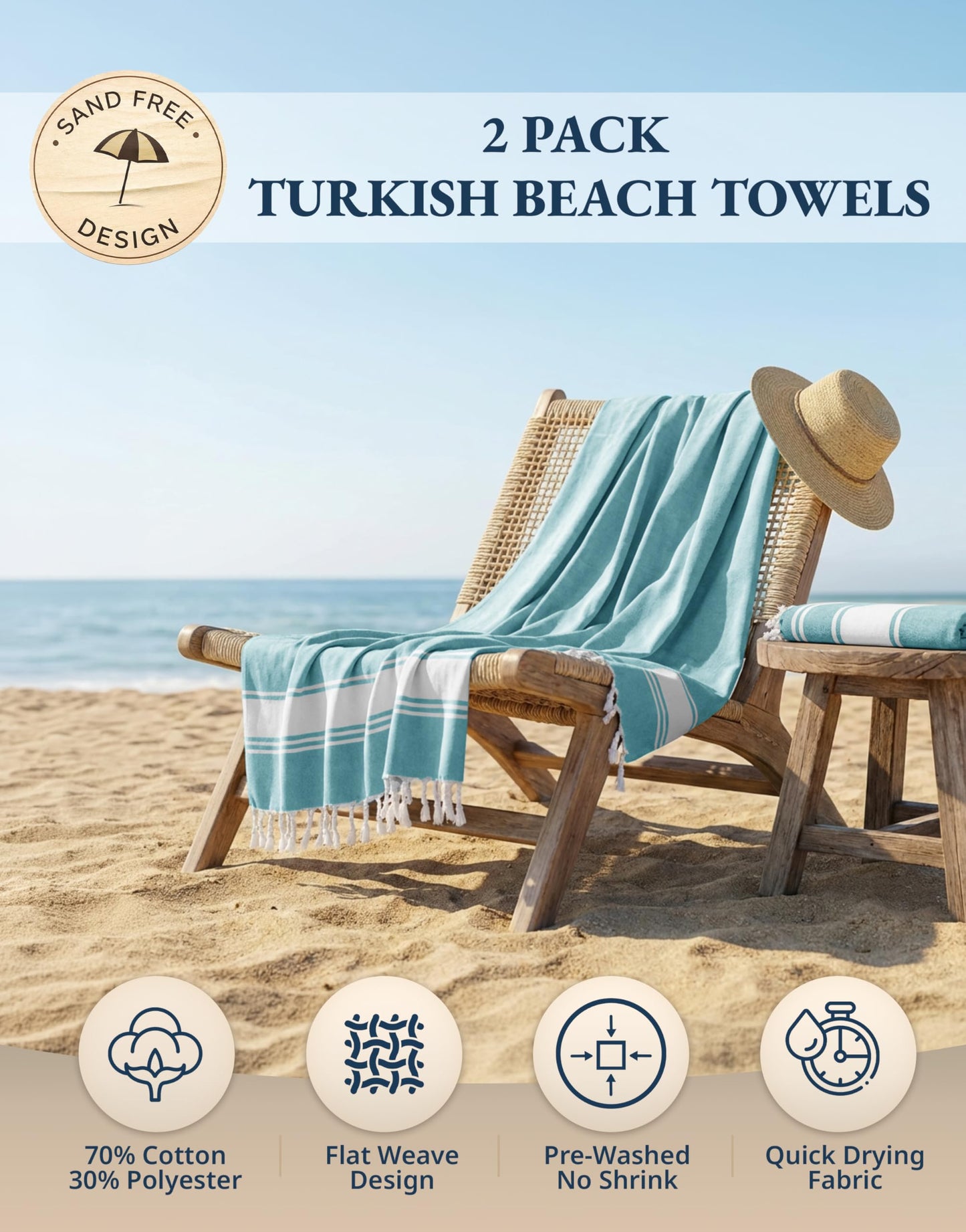 LANE LINEN Turkish Beach Towel with Beach Bag, 2 Pack Beach Towels Oversized, 39"x71", Pool Towel, Oversized, Highly Absorbent