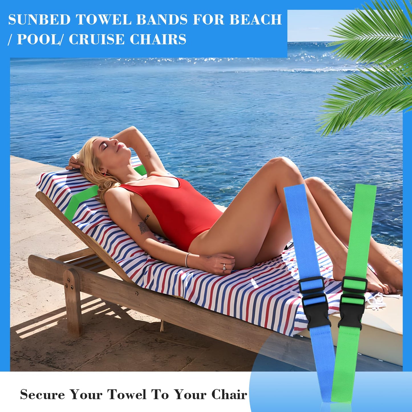 QOPAHI Adjustable Sun Lounger Straps with Buckle - Elastic Sunbed Towel Bands for Beach & Pool Chairs, Portable Towel Holders for Fix Beach Towels