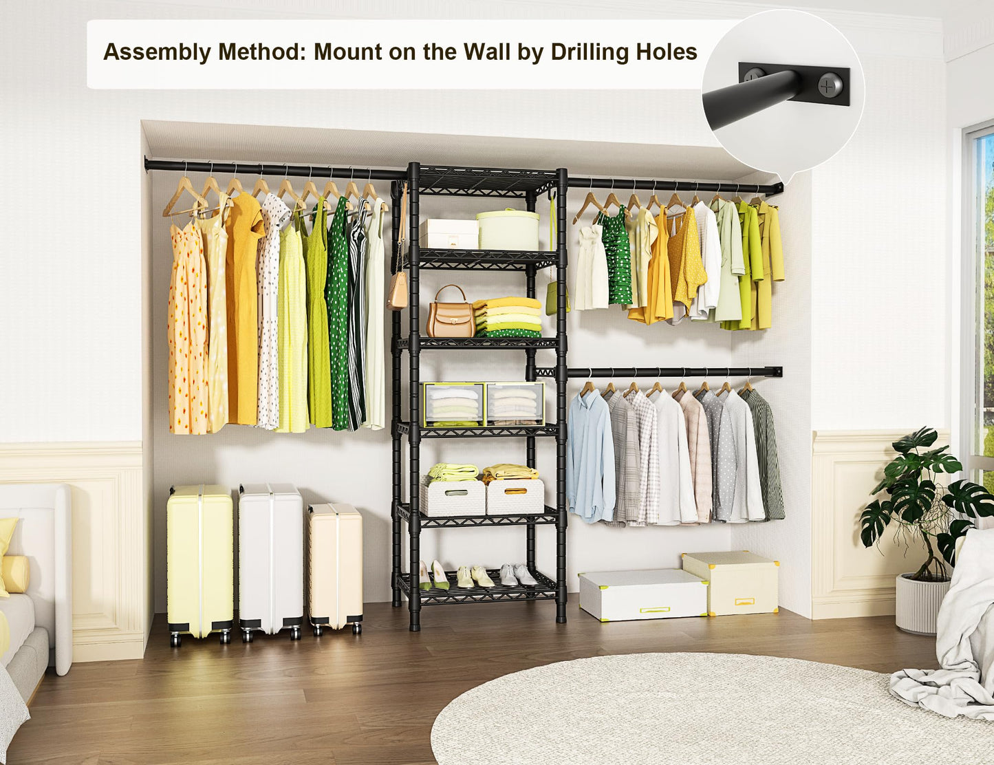 Ulif M5 Wall Mounted Clothes Garment Rack, Heavy Duty Closet Storage and Organizer System with 6 Shelves and 3 Expandable Hanger Rods