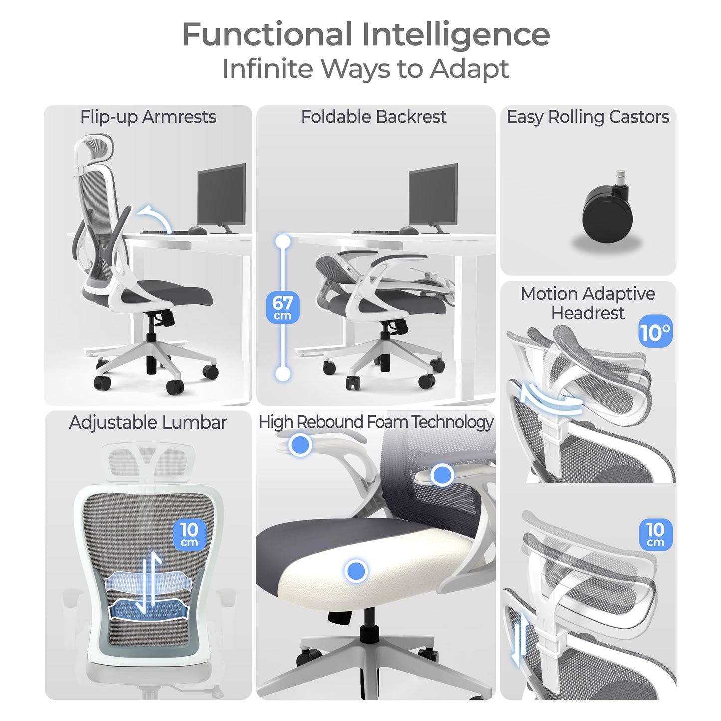 Tervo Model U | Folding Office Chair for Small Spaces | Ergonomic Design with High Rebound Mesh | Computer Desk Chair for Gaming | For Adults & Kids