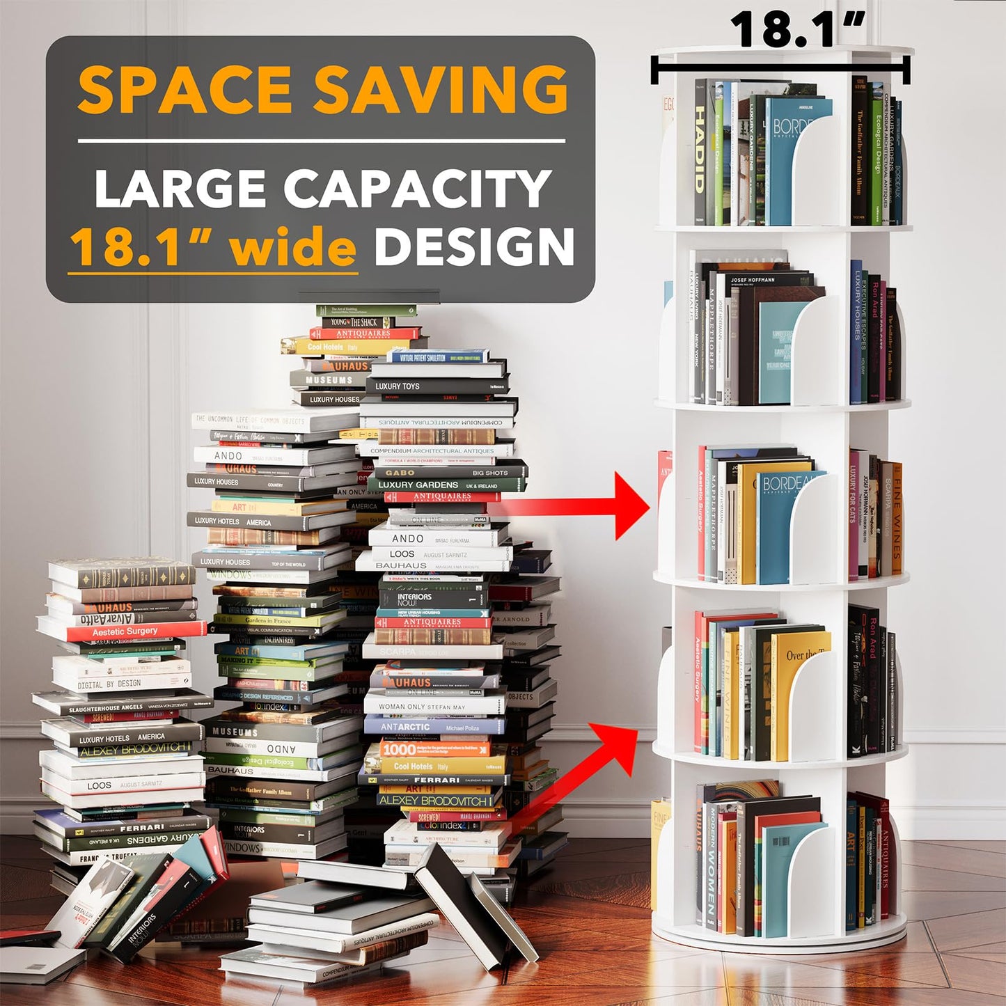 SpaceAid 5-Tier Rotating Shelf Tower, Rotating Lazy Susan Bookcase, 360° Round Storage Rack, Vertical Rotation, Spiral Corner Organizer, White