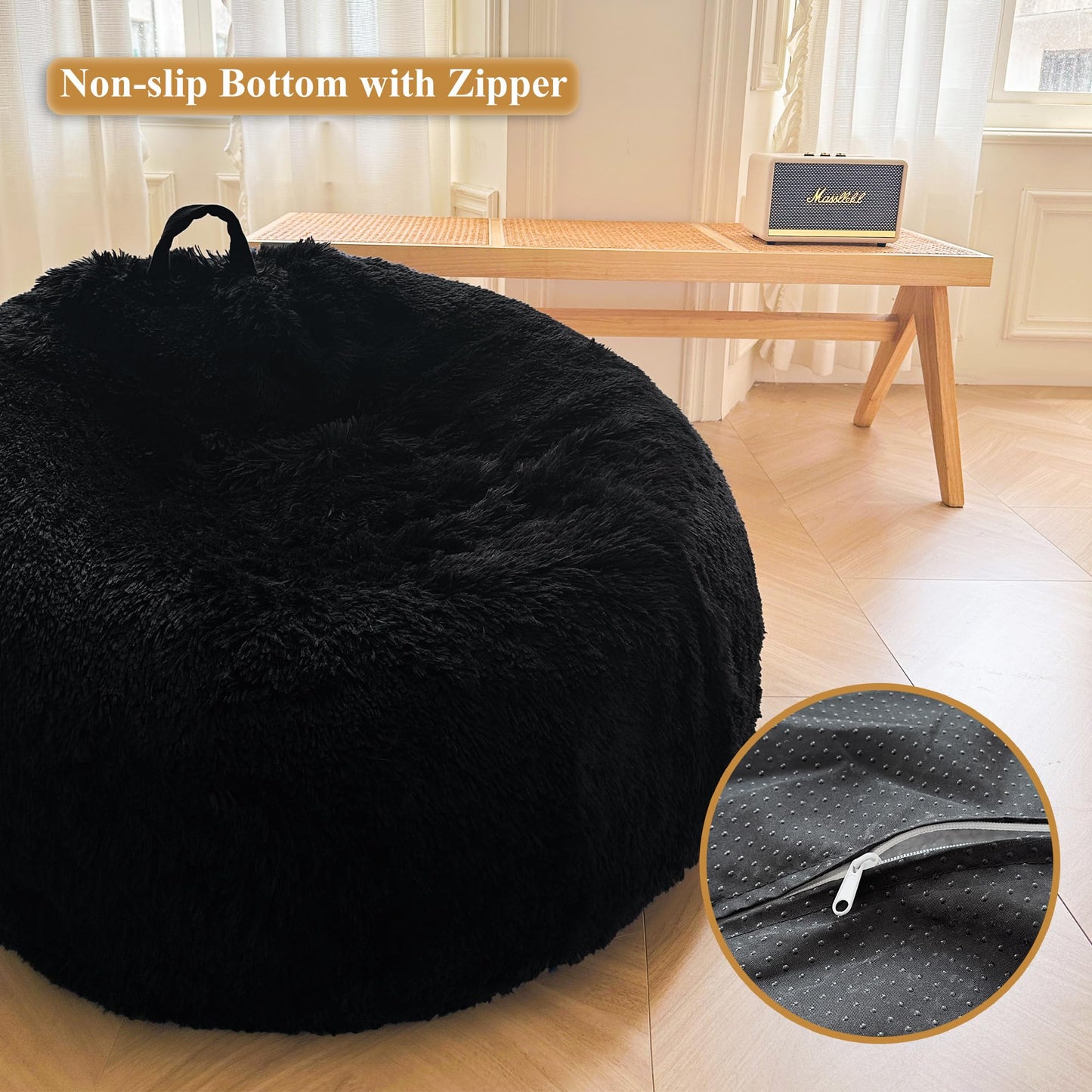 XeGe Soft Faux Fur Stuffed Animal Storage Bean Bag Cover(No Filler), Black