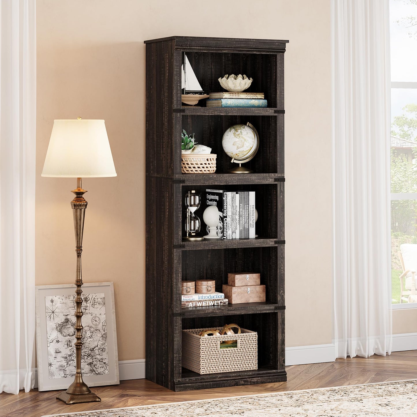 5 Tier Bookcase, Farmhouse Book Shelf with Storage Open Display Bookshelves, Book Case Wooden 5 Shelf Bookcase Home Decor Furniture for Home Office