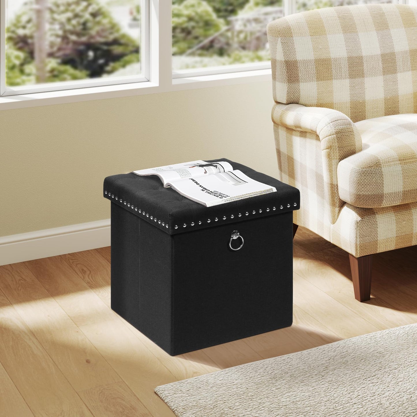 Bonlife Cube Ottoman with Tray, Foldable Storage Footstool, 150kg Capacity