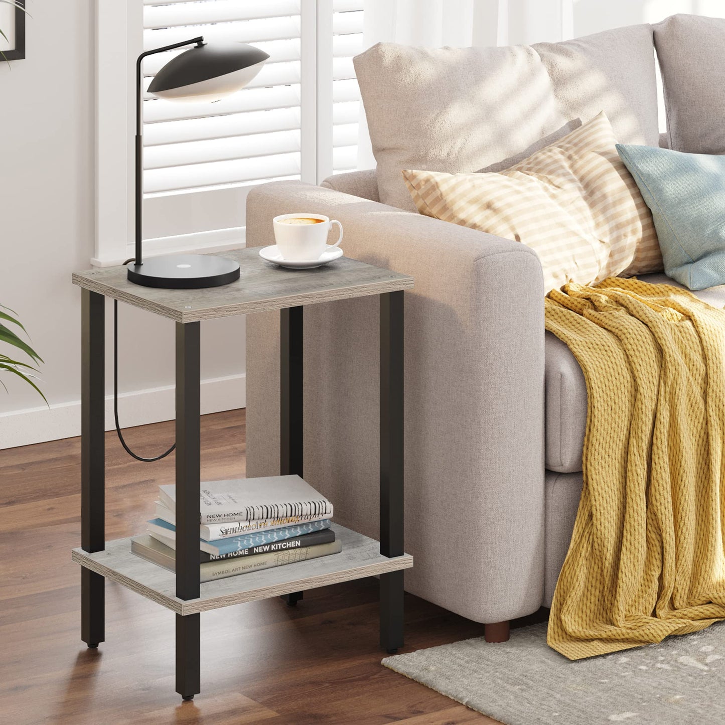 TUTOTAK Side Table, Bedside Table, Night stand, 2-Tier Storage Shelf, End Table for Small Space, Living Room, Bed Room, Greige TB01BG034EU