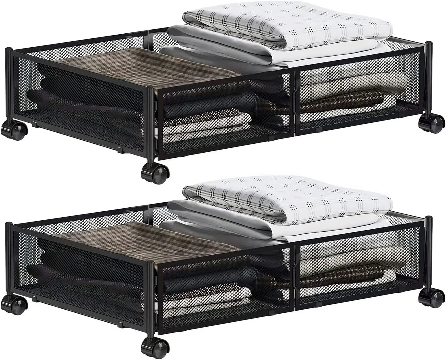 MISNODE Under Bed Storage, Under the Bed Storage Containers with Wheels, Tool-free Assembly Metal Underbed Storage Organizer Drawer for Bedroom