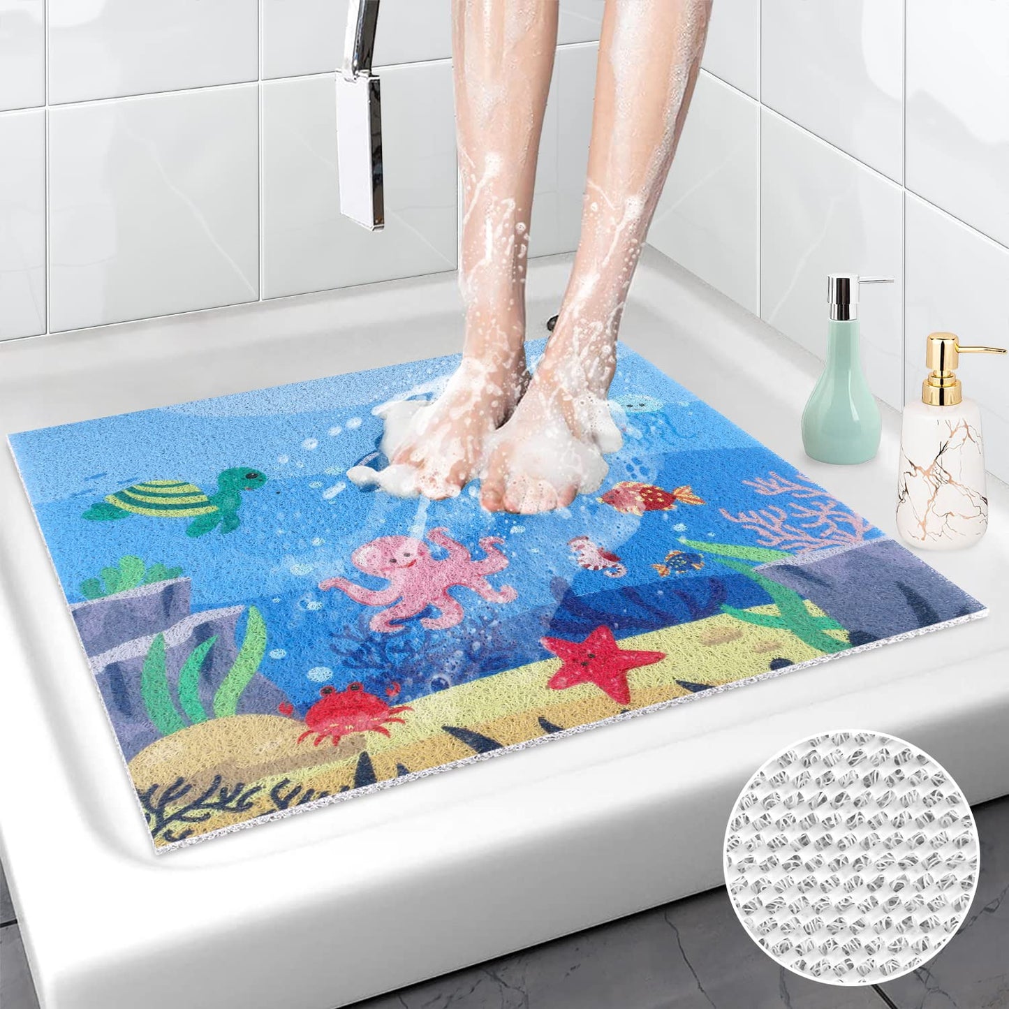 Square Shower Mat 60x60 cm, Loofah Shower Mats for Inside Shower, Non Slip Anti Mould Bath Mat