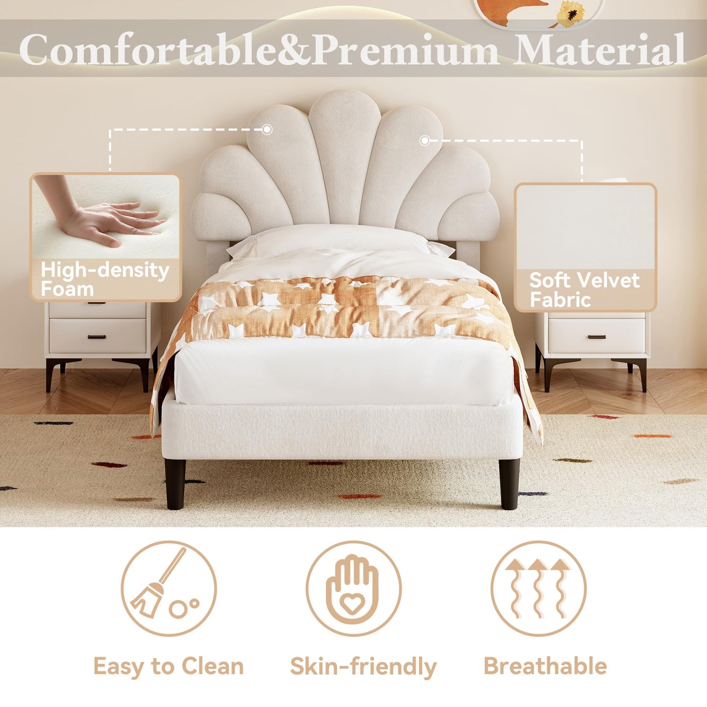 Merax Single bed frame, 3ft Single Upholstered Bed, Adjustable Chic Petal Headboard, Sturdy Wooden Slat Support, Velvet Fabric (No Mattress)